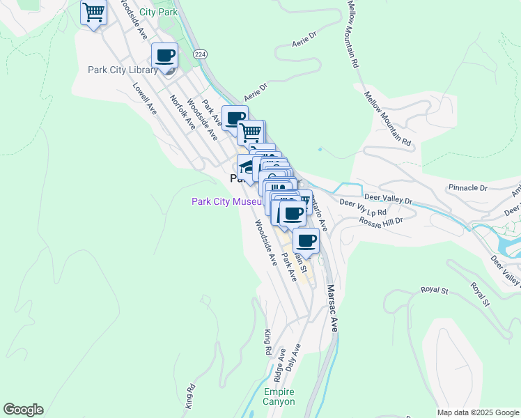 map of restaurants, bars, coffee shops, grocery stores, and more near 543 Park Avenue in Park City