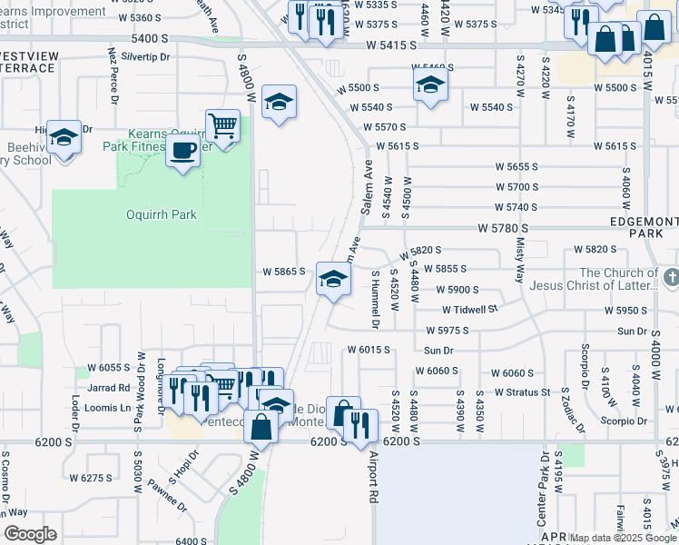 map of restaurants, bars, coffee shops, grocery stores, and more near 5908 Salem Avenue in Kearns