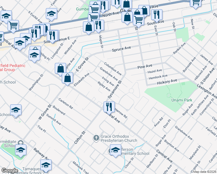 map of restaurants, bars, coffee shops, grocery stores, and more near 1019 Boynton Avenue in Westfield
