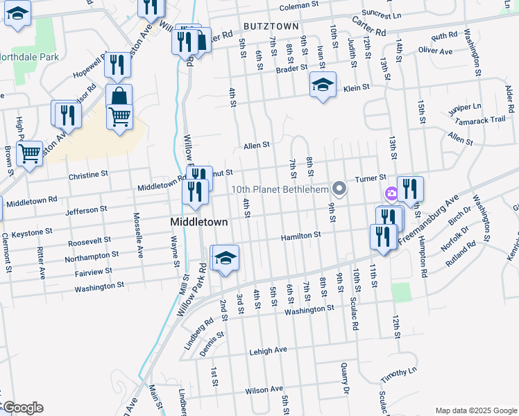 map of restaurants, bars, coffee shops, grocery stores, and more near 2007 5th Street in Bethlehem