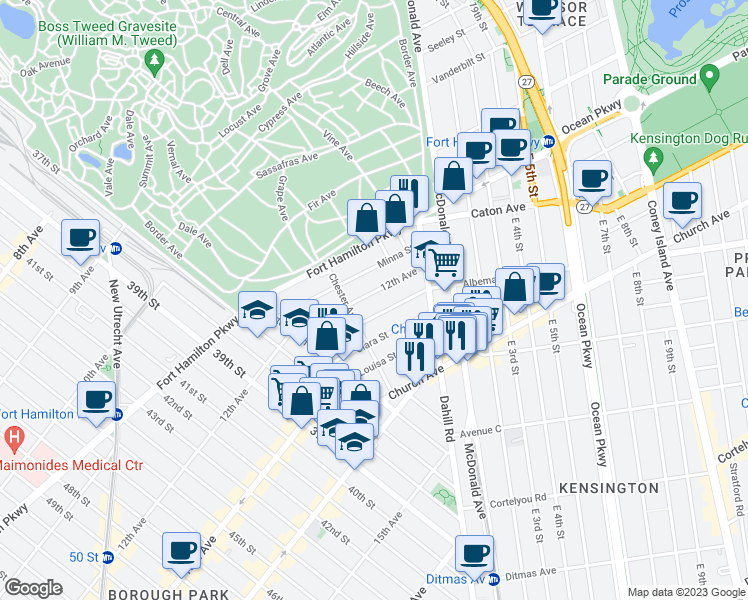 map of restaurants, bars, coffee shops, grocery stores, and more near 3383 12th Avenue in Brooklyn