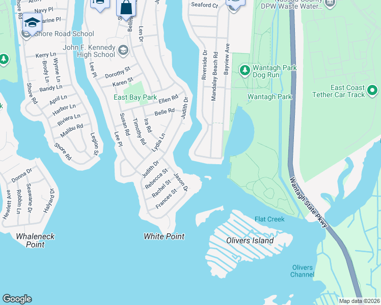 map of restaurants, bars, coffee shops, grocery stores, and more near 3064 Riverside Drive in Wantagh