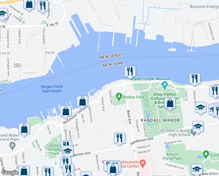 map of restaurants, bars, coffee shops, grocery stores, and more near Richmond Terrace & Davis Ave in Staten Island
