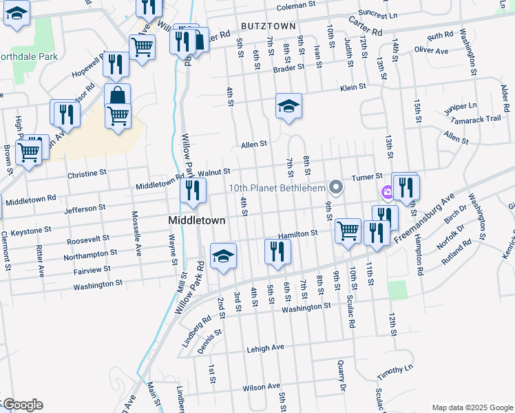 map of restaurants, bars, coffee shops, grocery stores, and more near 2007 5th Street in Bethlehem