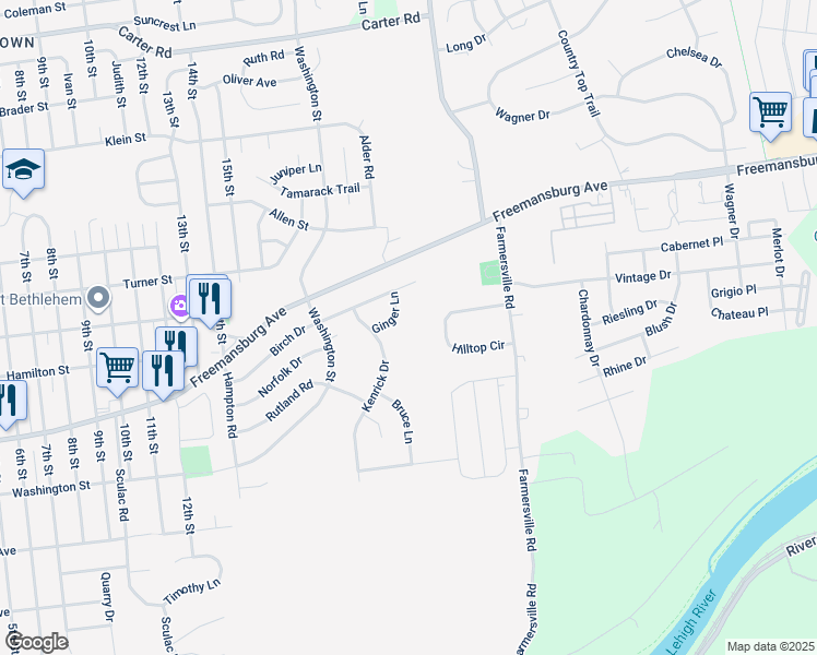 map of restaurants, bars, coffee shops, grocery stores, and more near 4104 Ginger Lane in Bethlehem