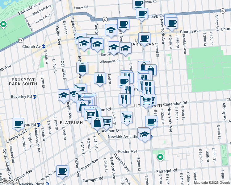 map of restaurants, bars, coffee shops, grocery stores, and more near 2516 Cortelyou Road in Brooklyn