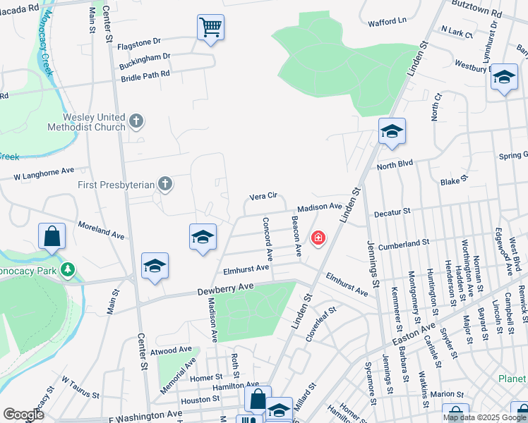 map of restaurants, bars, coffee shops, grocery stores, and more near 2475 Madison Avenue in Bethlehem