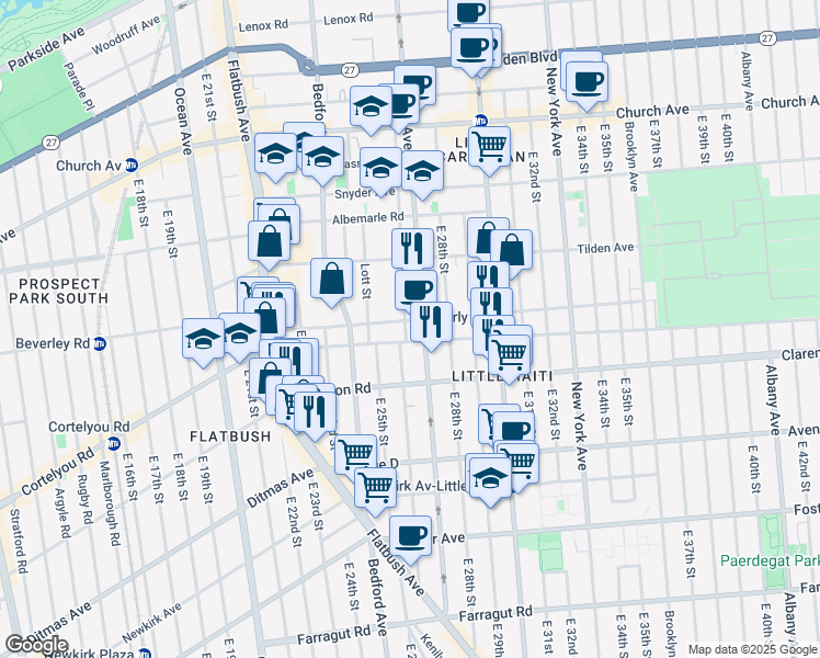 map of restaurants, bars, coffee shops, grocery stores, and more near 2516 Cortelyou Road in Brooklyn