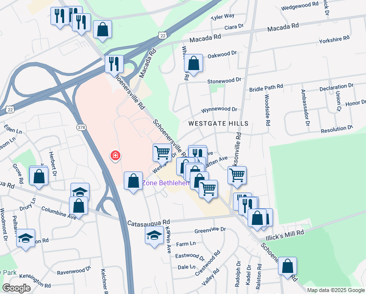 map of restaurants, bars, coffee shops, grocery stores, and more near 2514 Schoenersville Road in Bethlehem