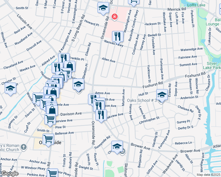 map of restaurants, bars, coffee shops, grocery stores, and more near 234 Foxhurst Road in Oceanside