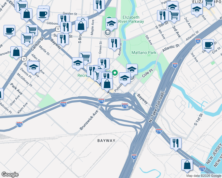 map of restaurants, bars, coffee shops, grocery stores, and more near 660 McKinley Street in Elizabeth