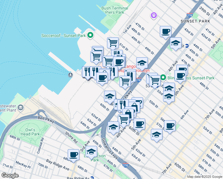 map of restaurants, bars, coffee shops, grocery stores, and more near 241 58th Street in Brooklyn