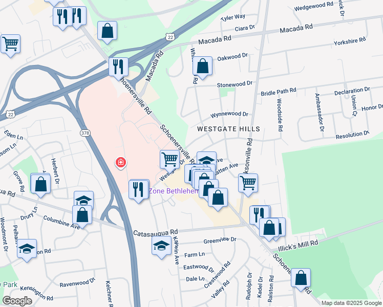map of restaurants, bars, coffee shops, grocery stores, and more near 2514 Schoenersville Road in Bethlehem