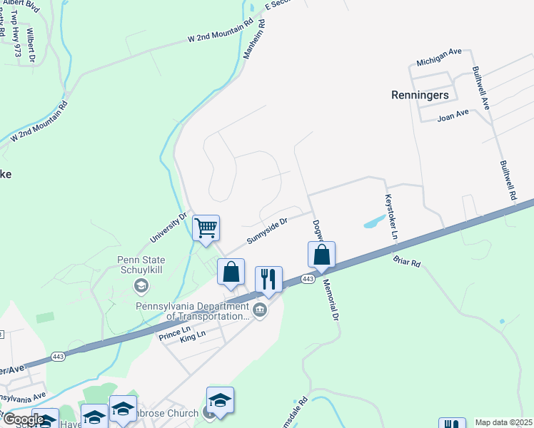 map of restaurants, bars, coffee shops, grocery stores, and more near 3 East Abby Lane in Schuylkill Haven