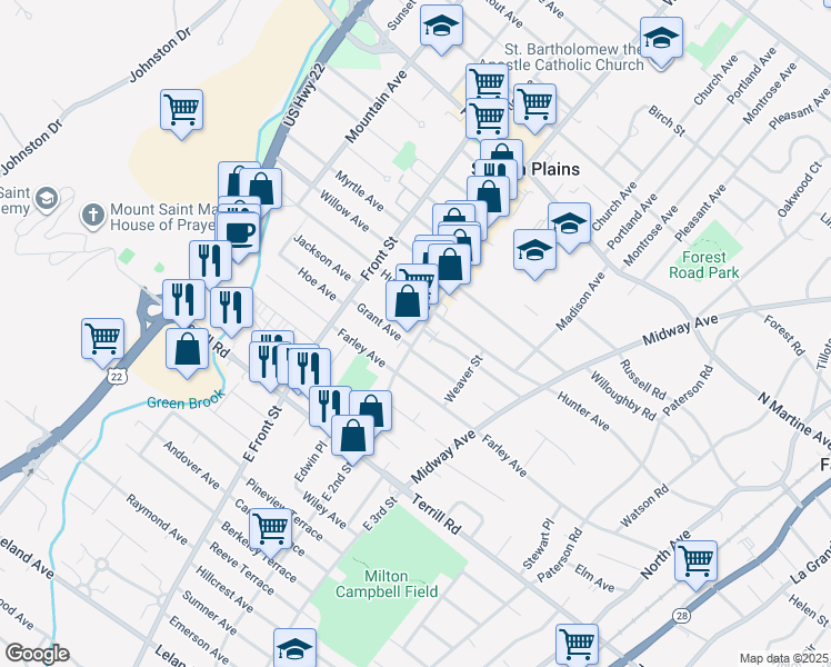 map of restaurants, bars, coffee shops, grocery stores, and more near 1589 East 2nd Street in Scotch Plains