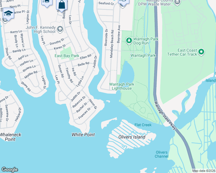 map of restaurants, bars, coffee shops, grocery stores, and more near 3116 Riverside Drive in Wantagh