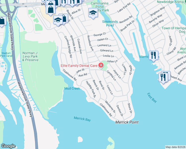 map of restaurants, bars, coffee shops, grocery stores, and more near 1764 Alexis Road in Merrick