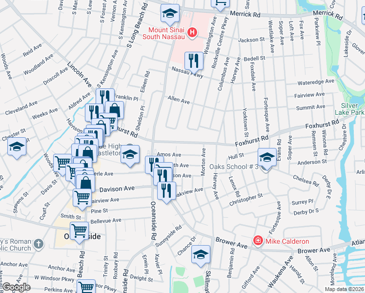map of restaurants, bars, coffee shops, grocery stores, and more near 218 Amos Avenue in Oceanside