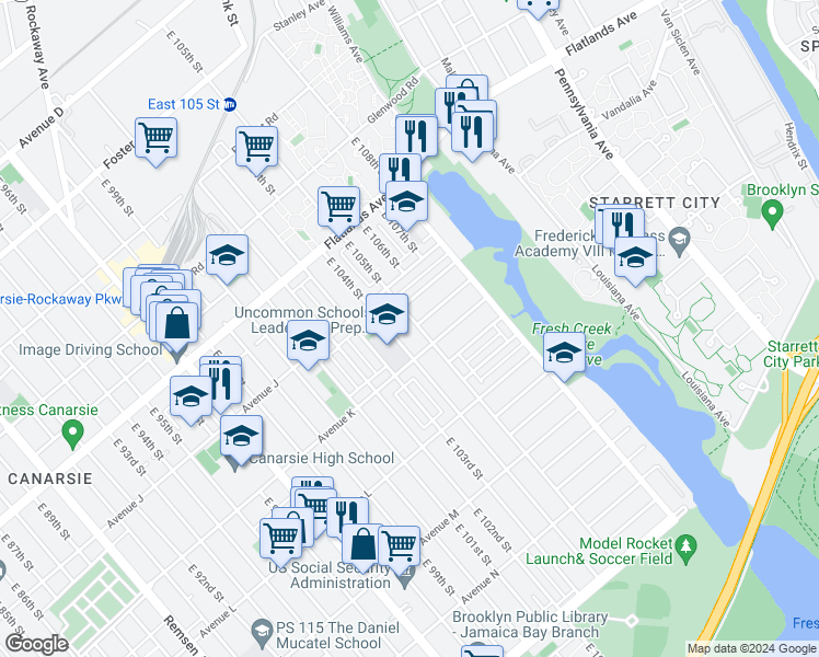 map of restaurants, bars, coffee shops, grocery stores, and more near 1054 East 105th Street in Brooklyn