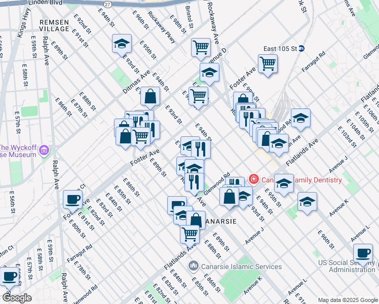 map of restaurants, bars, coffee shops, grocery stores, and more near 9202 Farragut Road in Brooklyn