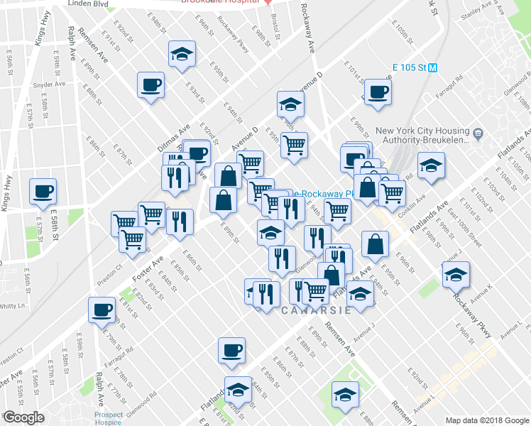 map of restaurants, bars, coffee shops, grocery stores, and more near 1023 Remsen Avenue in Brooklyn