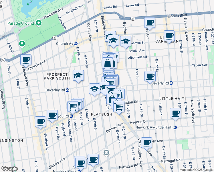 map of restaurants, bars, coffee shops, grocery stores, and more near 420 East 21st Street in Brooklyn