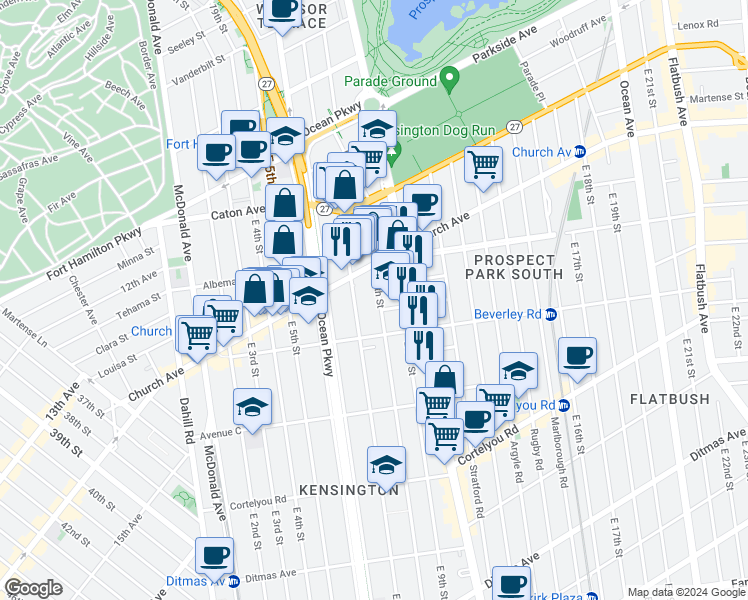map of restaurants, bars, coffee shops, grocery stores, and more near 327 East 7th Street in Brooklyn