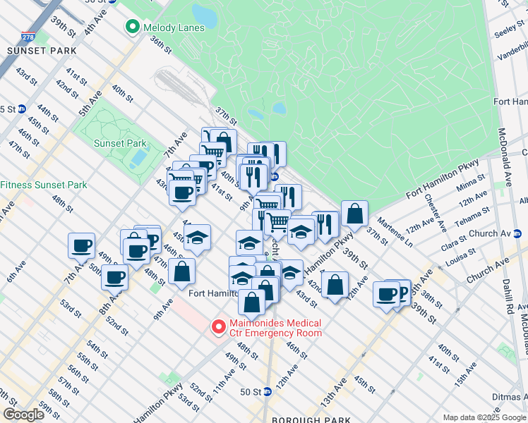 map of restaurants, bars, coffee shops, grocery stores, and more near 952 41st Street in Brooklyn