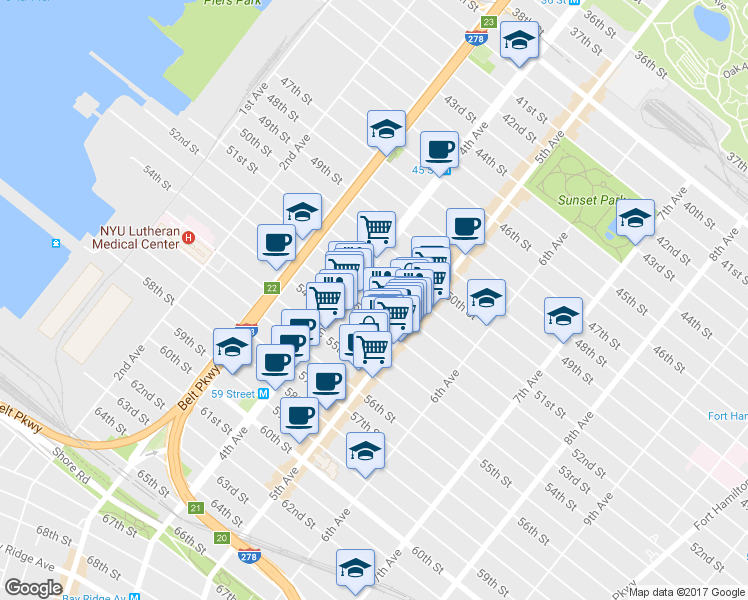 map of restaurants, bars, coffee shops, grocery stores, and more near 5304-5308 5th Avenue in Brooklyn