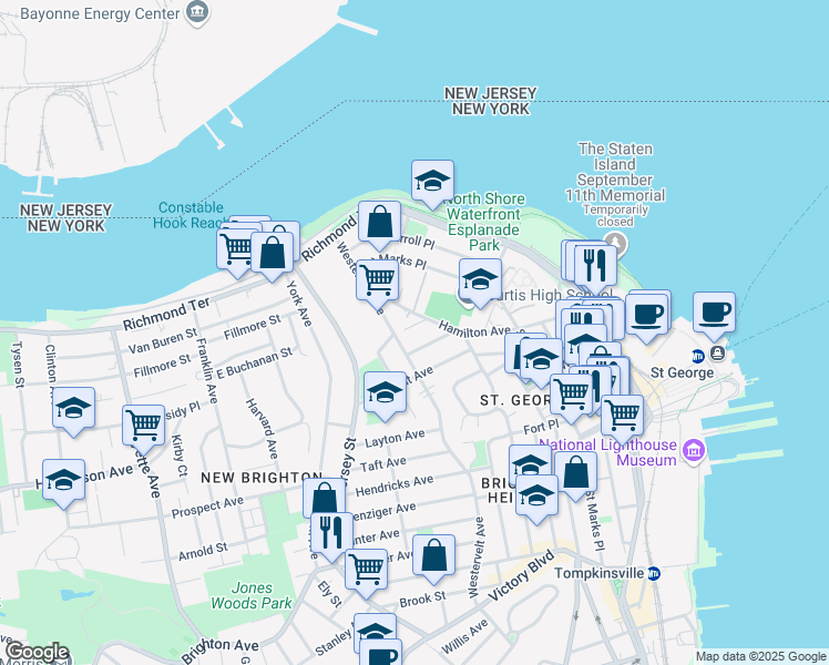 map of restaurants, bars, coffee shops, grocery stores, and more near 146 Westervelt Avenue in Staten Island
