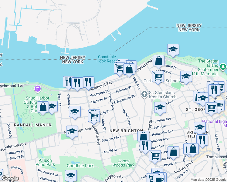 map of restaurants, bars, coffee shops, grocery stores, and more near 46 Franklin Avenue in Staten Island