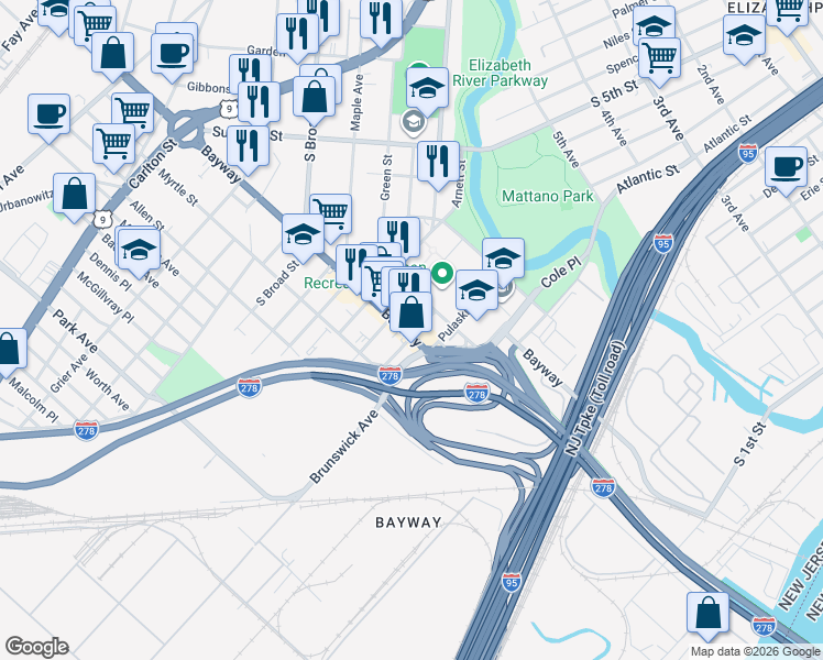 map of restaurants, bars, coffee shops, grocery stores, and more near 508 Brunswick Avenue in Elizabeth
