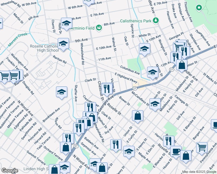 map of restaurants, bars, coffee shops, grocery stores, and more near 230 Hillcrest Terrace in Roselle