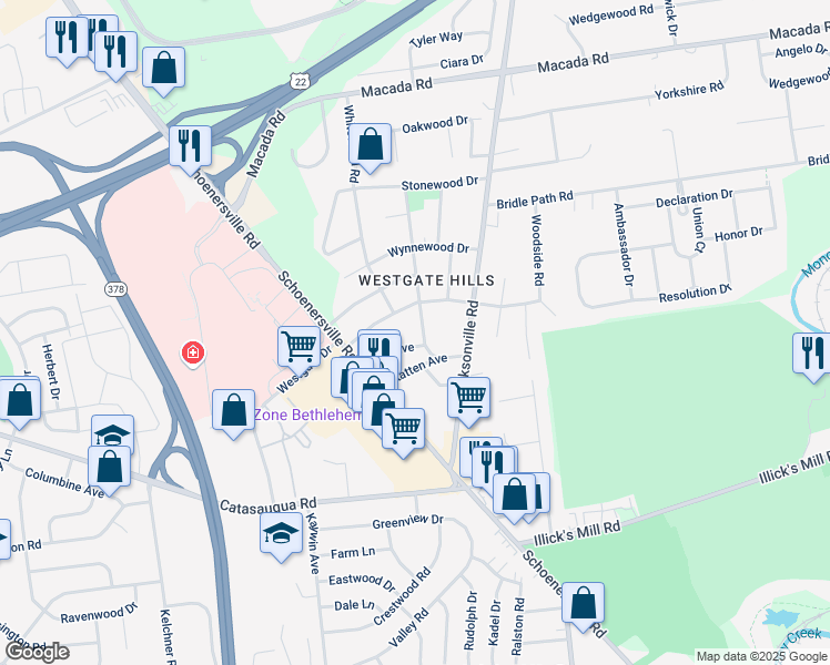 map of restaurants, bars, coffee shops, grocery stores, and more near 1427 Lane Avenue in Bethlehem
