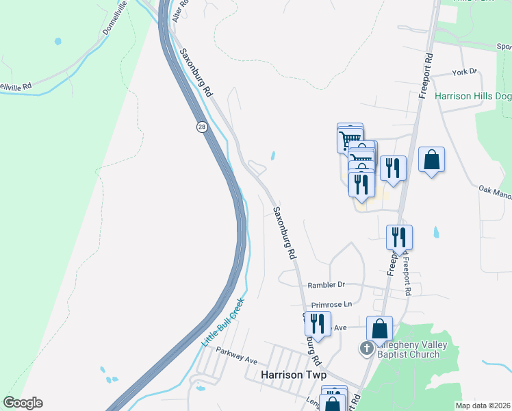 map of restaurants, bars, coffee shops, grocery stores, and more near 2881 North Meadow Street in Natrona Heights
