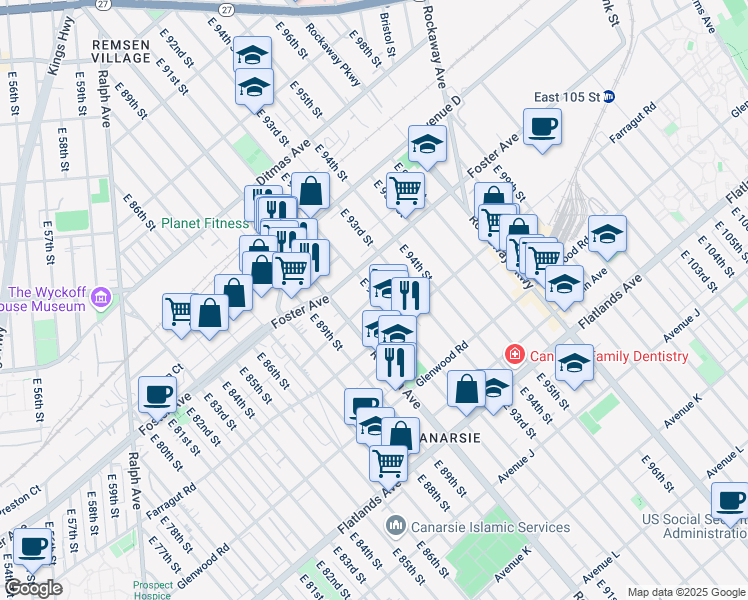 map of restaurants, bars, coffee shops, grocery stores, and more near 1023 Remsen Avenue in Brooklyn