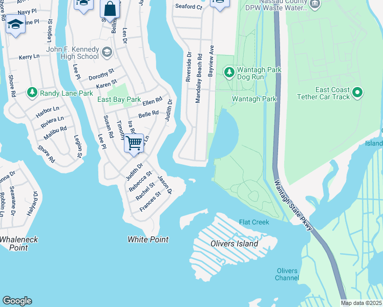 map of restaurants, bars, coffee shops, grocery stores, and more near 3116 Riverside Drive in Wantagh