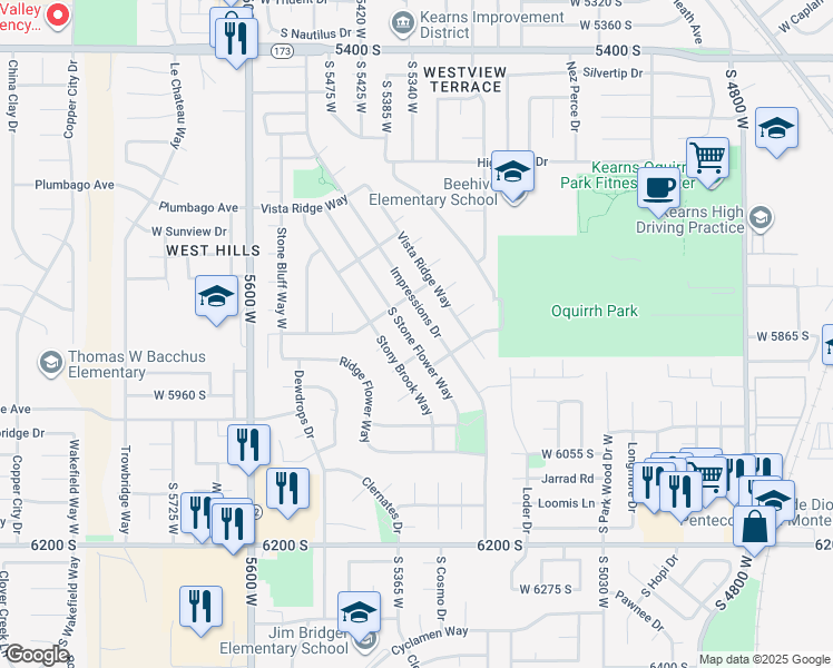 map of restaurants, bars, coffee shops, grocery stores, and more near 5865 South Stone Flower Way in Kearns