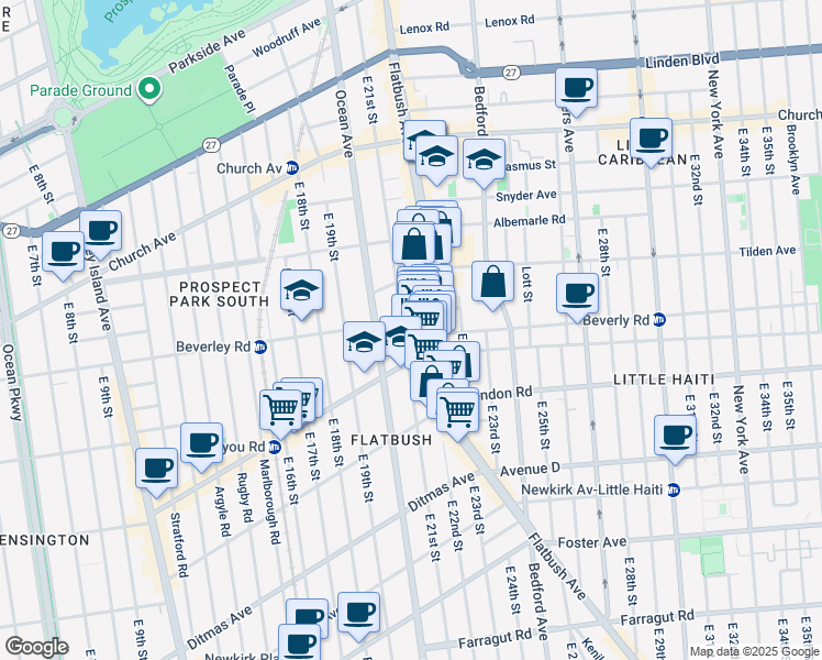 map of restaurants, bars, coffee shops, grocery stores, and more near 2102 Beverley Road in Brooklyn