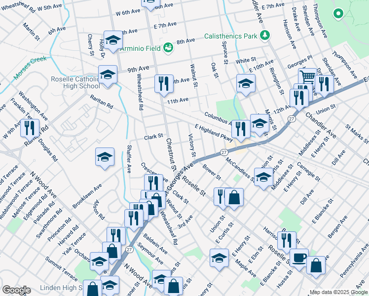 map of restaurants, bars, coffee shops, grocery stores, and more near 230 Hillcrest Terrace in Roselle