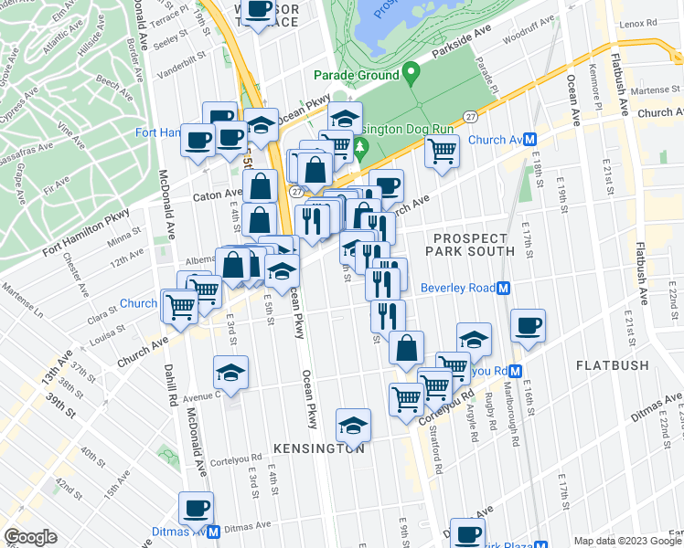 map of restaurants, bars, coffee shops, grocery stores, and more near 327 East 7th Street in Brooklyn