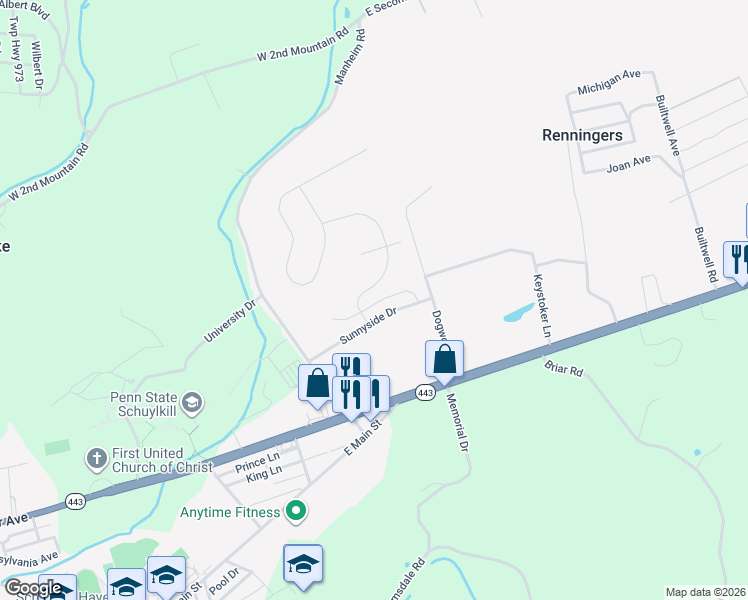 map of restaurants, bars, coffee shops, grocery stores, and more near 14 East Abby Lane in Schuylkill Haven