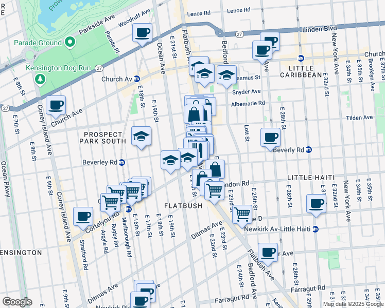 map of restaurants, bars, coffee shops, grocery stores, and more near 2102 Beverley Road in Brooklyn