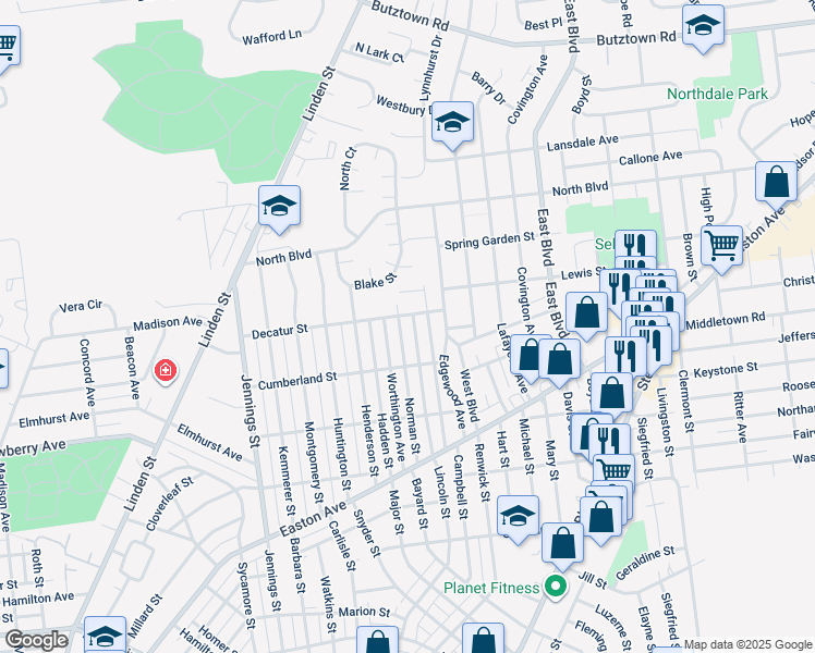 map of restaurants, bars, coffee shops, grocery stores, and more near 2239 Lincoln Street in Bethlehem