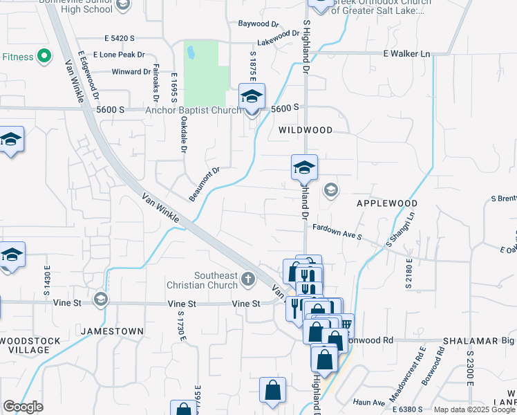 map of restaurants, bars, coffee shops, grocery stores, and more near 1963 East Charleston Lane in Holladay