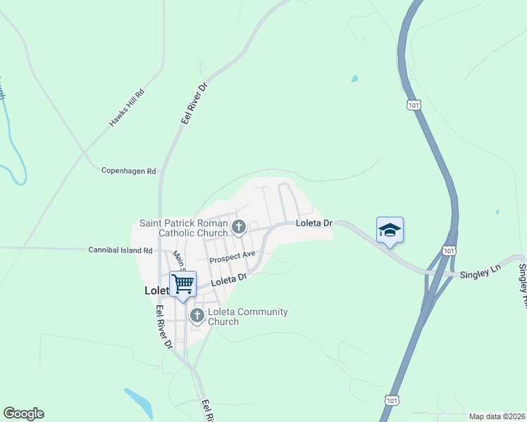 map of restaurants, bars, coffee shops, grocery stores, and more near 80 Shadowbrook Street in Loleta