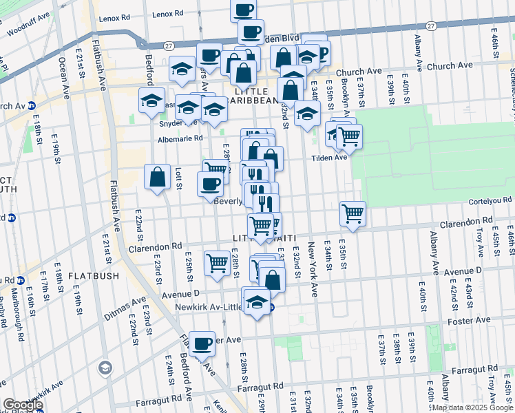 map of restaurants, bars, coffee shops, grocery stores, and more near 1686 Nostrand Avenue in Brooklyn