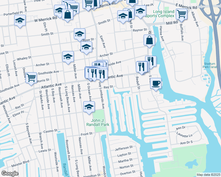 map of restaurants, bars, coffee shops, grocery stores, and more near 121 Sportsmans Avenue in Freeport