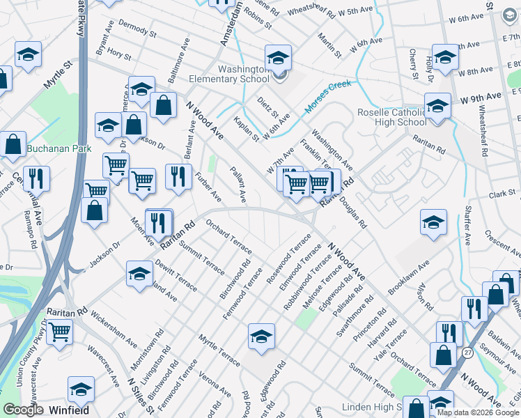 map of restaurants, bars, coffee shops, grocery stores, and more near 35 Hillcrest Terrace in Linden