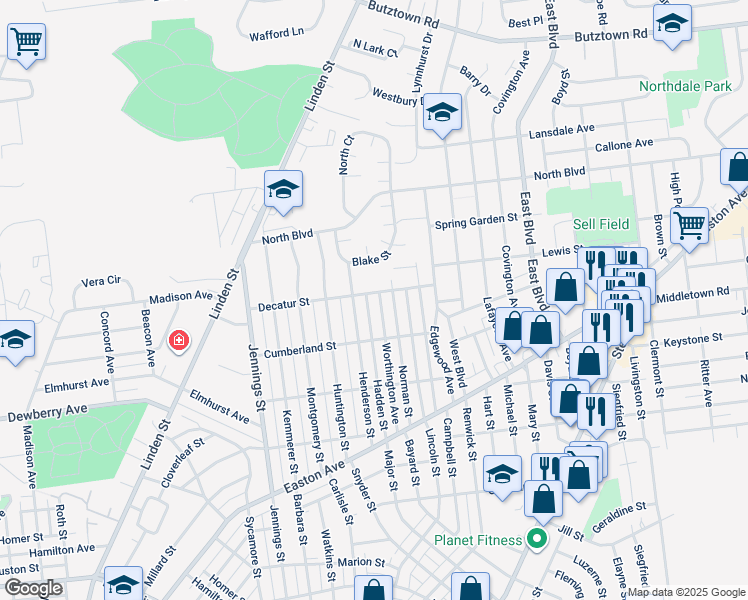 map of restaurants, bars, coffee shops, grocery stores, and more near 2245 Worthington Avenue in Bethlehem